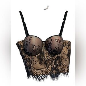 Nude with black lace bustier bra 36B NWOT